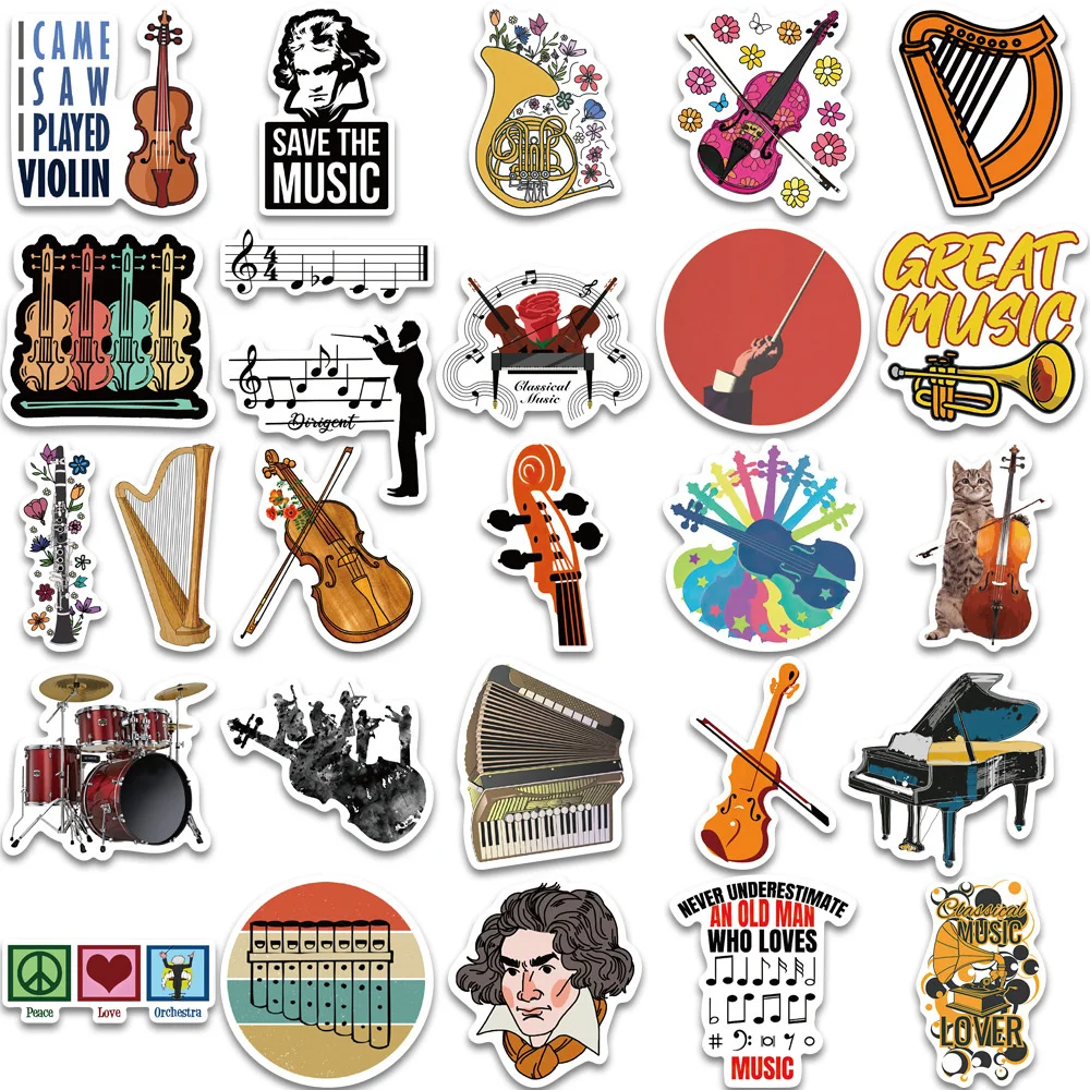 10/30/50PCS Cartoon Music Musical Instrument Orchestra Sticker For Luggage Laptop iPad Skateboard Notebook Sticker Wholesale