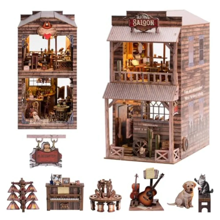 

Book Nook Kit for home decor: wooden, brown, includes LED light for realistic ambiance and easy assembly