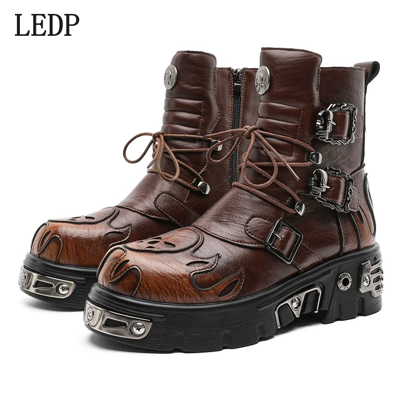 

LEDP Platform Boots with High Heels Punk Style Men 2025 Autumn New Style Trendy and Versatile Motorcycle Boots Metal Decoration