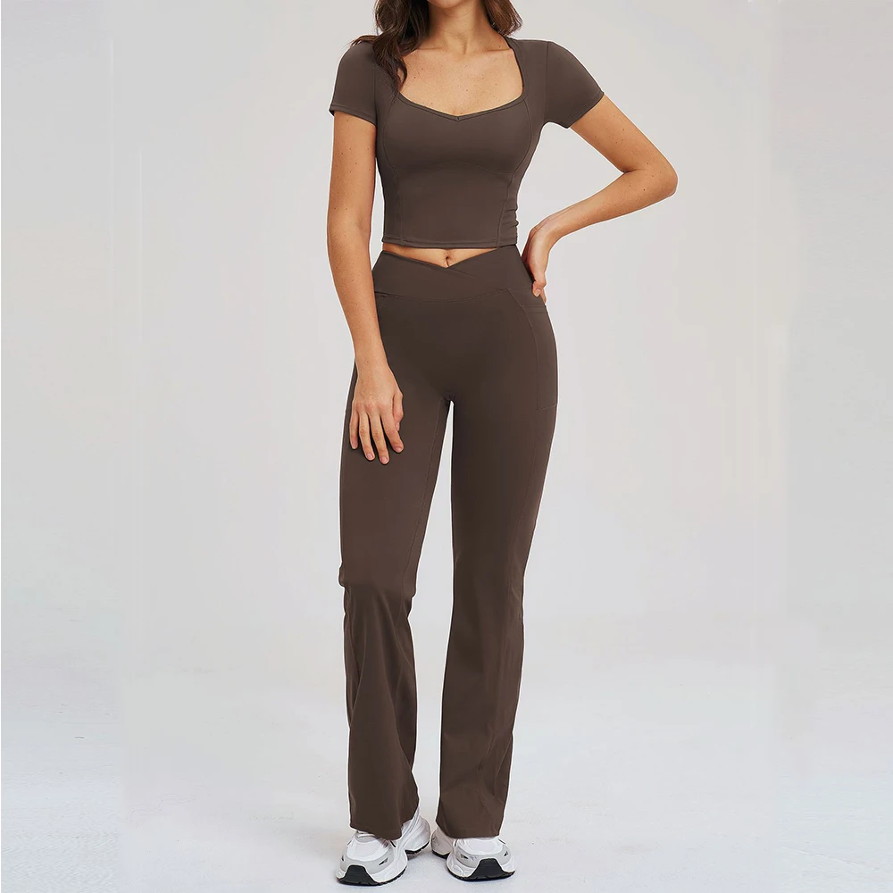 

Yoga Outfit Women Tracksuit Yoga Set 2PCS Sportswear Workout Clothes Athletic Wear Gym Legging Fitness Short Sleeves Sports Suit