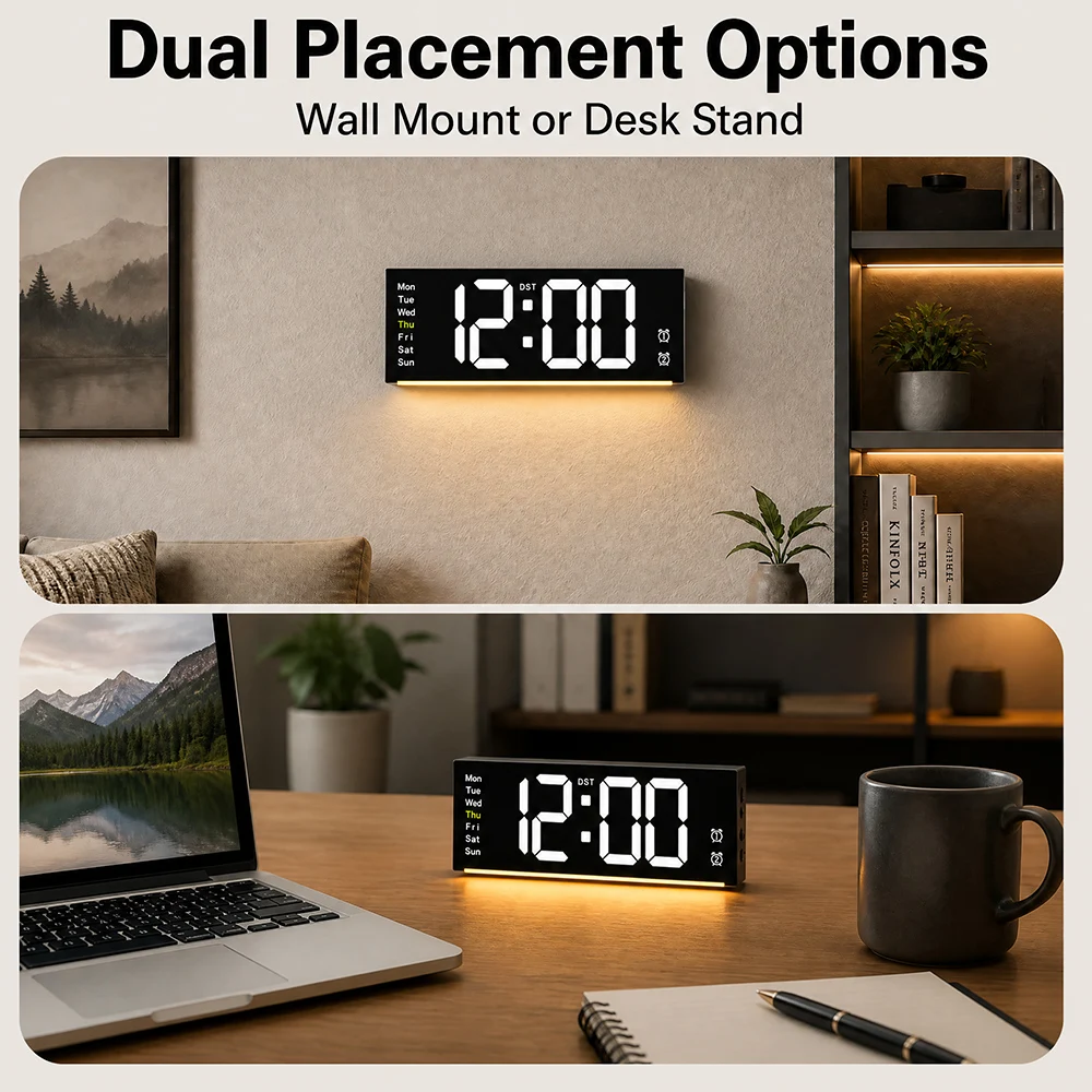 12 Inch Digital Wall Clock Color Display Large Screen Ambient Night Light Dimmable Alarm Clock Day Week for Living Room Bedroom
