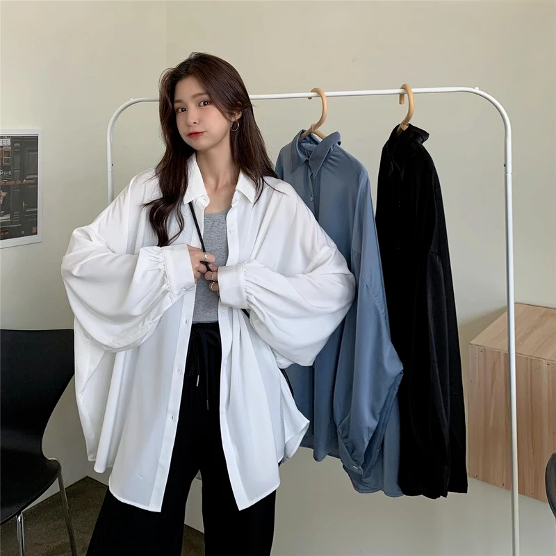 

Spring Summer 2021 Women Shirt Oversize Elegant Blouses for Women Lantern Sleeve White Shirt Mid-length Shir Coat Women Tunic