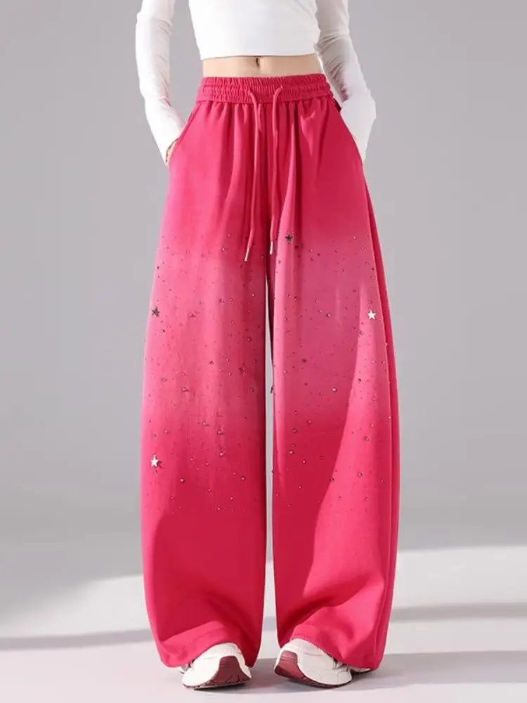 

Casual Glitter Rhinestone Gradient Color Thickened Fleece High Waist Knife Wide Leg Pants Heavy Work Commute Autumn Winter La...