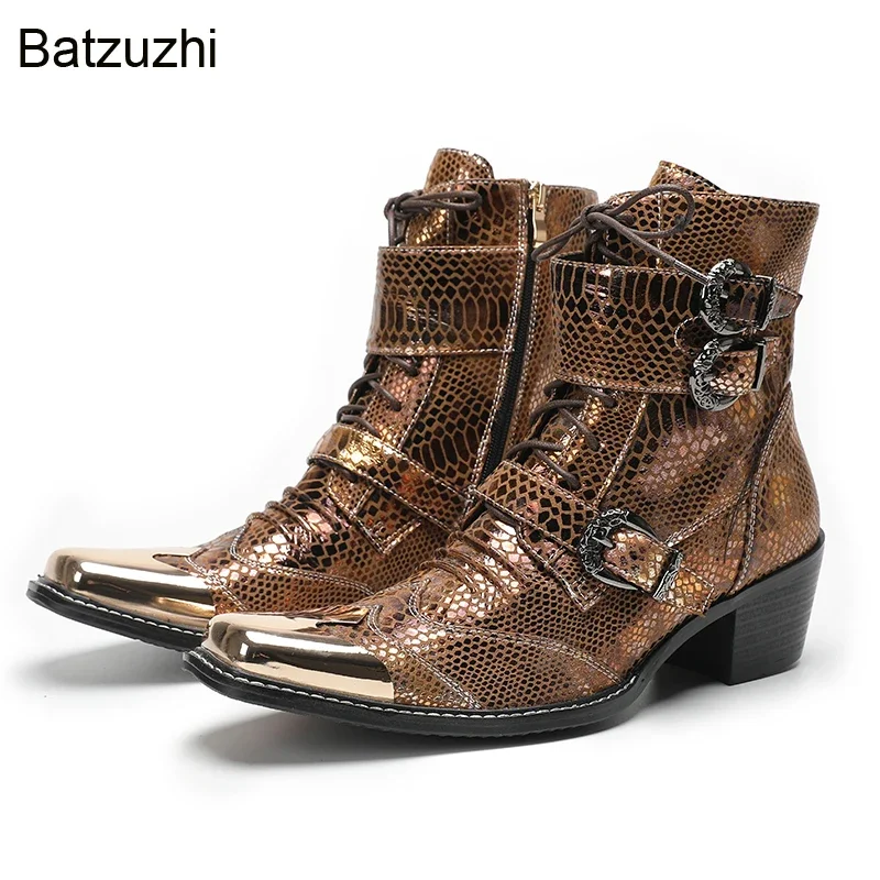 

Batzuzhi Handmade Men's Boots Western Cowboy Brown Genuine Leather Ankle Boots for Men Lace-up Buckles Zip Knight/Party Botas!