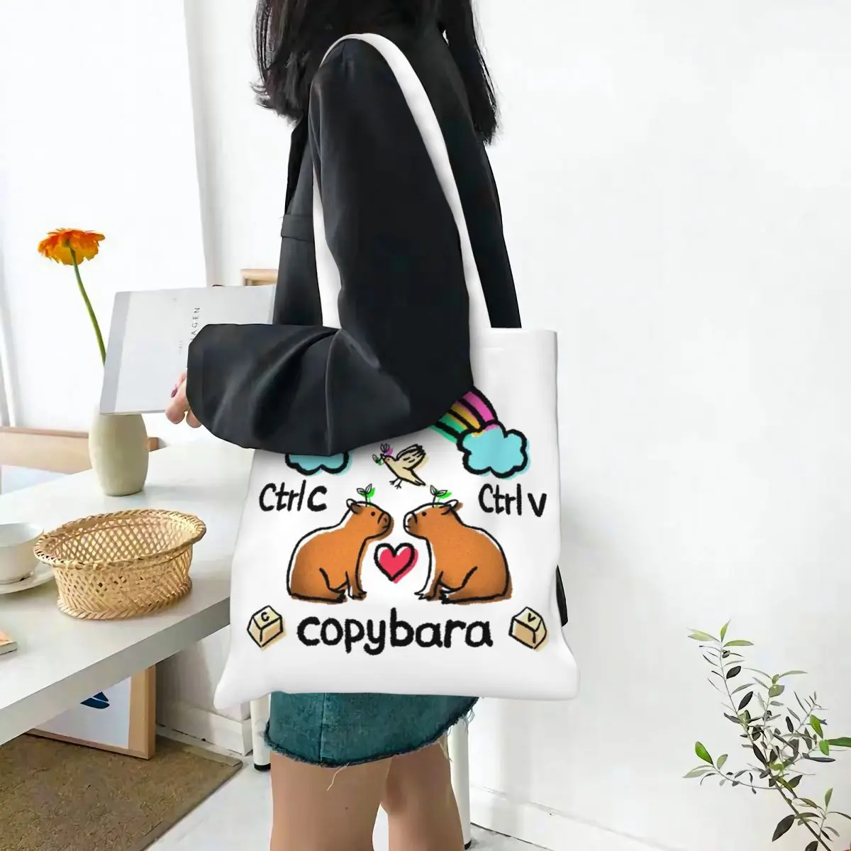 Bolso de mano de lona con diseño de amor para mujer, bolsa de mano bonita, Kawaii, de hombro, para compras