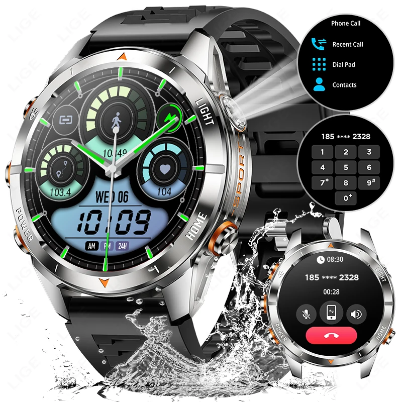 

Военные Смарт-часы для мужчин, 3 атм, водонепроницаемые, 1,46-дюймовый AMOLED-экран, светодиодный фонарик, аккумулятор 515 мАч, пульсометр, спортивные умные часы с BT-вызовом