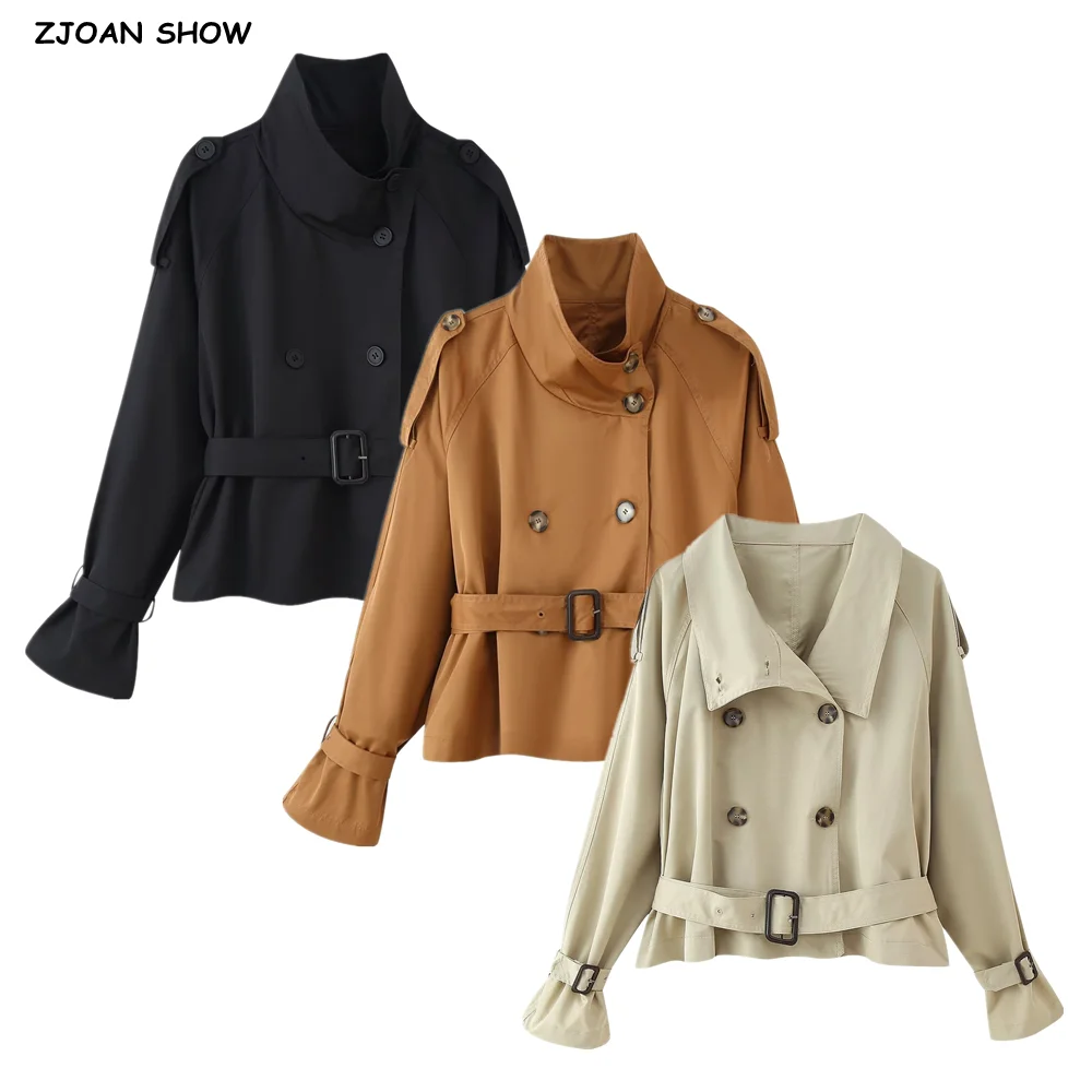 

2025 Street COOL Women High Stand Collar Trench Buckle Sashes Open Buttons Raglan Sleeve Short Windbreaker Coat Loose Outerwear