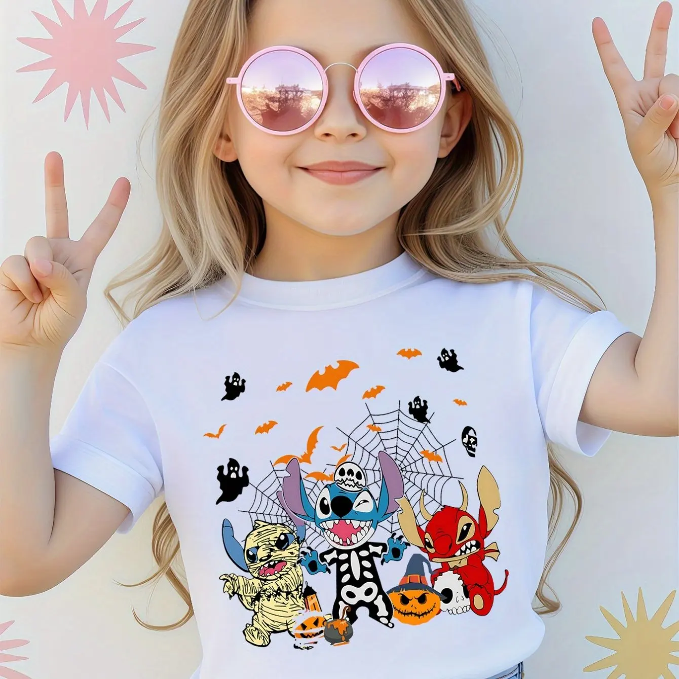 تي شيرت ديزني ستيتش الهالوين المطبوع للفتيات Happy Play توب مناسب للأم والابنة من القطن الخالص برقبة دائرية وأكمام قصيرة #1