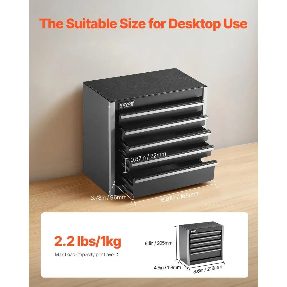 Portable 8.6inch Metal Tool Box with 5 Drawers Organizer Storage Black Repair Toolkit