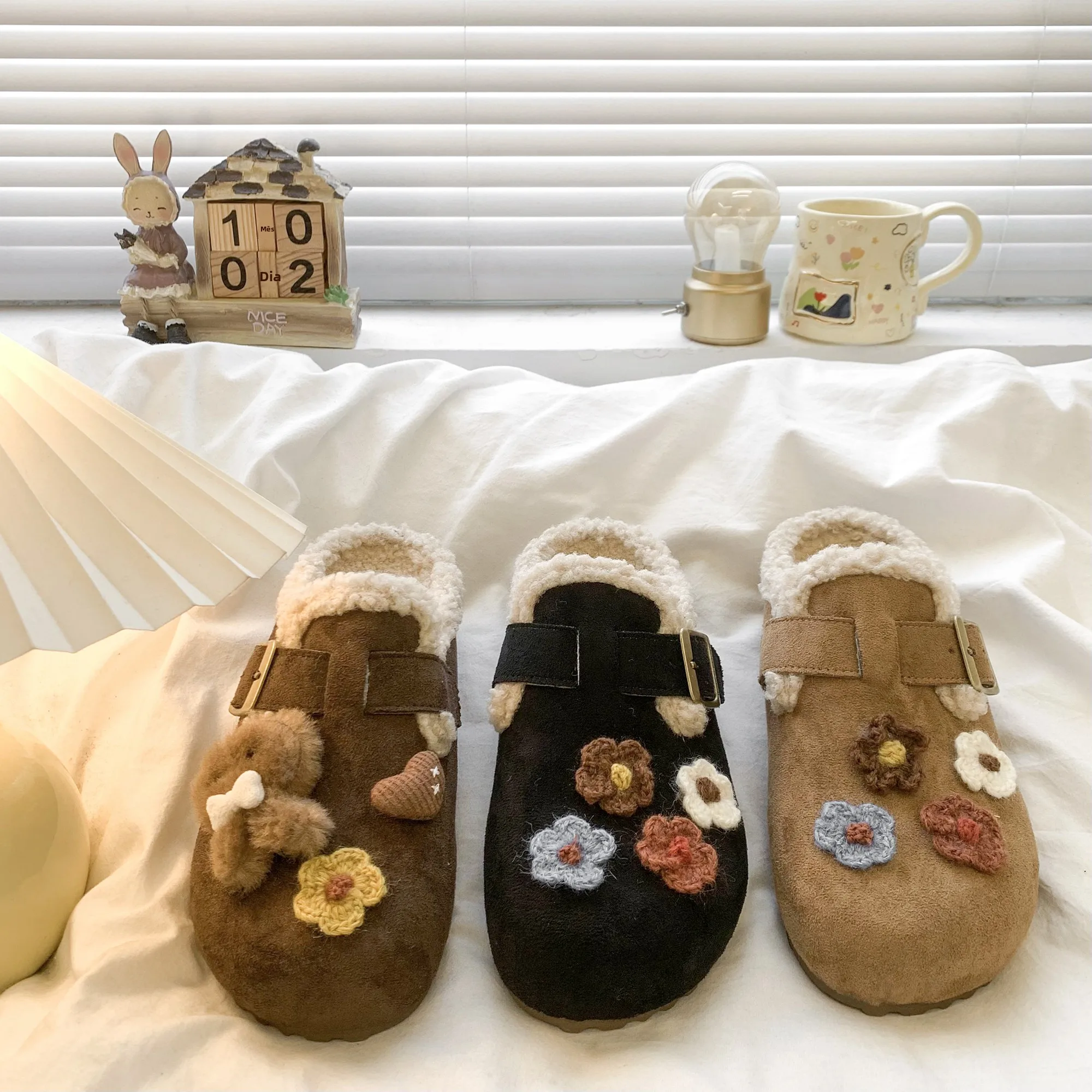 フリース裏地付きビルケンシュトック風スリッパ-厚底-つま先カバー付き-セミスリッパ-レディース-アウトドアウェア-冬-レトロ-ファー-スリッパ