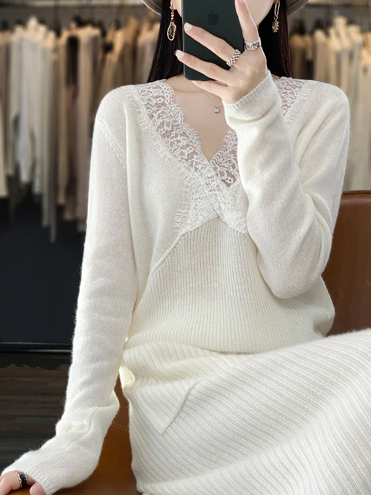 Women's Pullover Spring/Autumn New 100% Wool Sweater Casual Solid Color Knitwear Fashion V Neck Ladies Tops Slim Lace Blouse