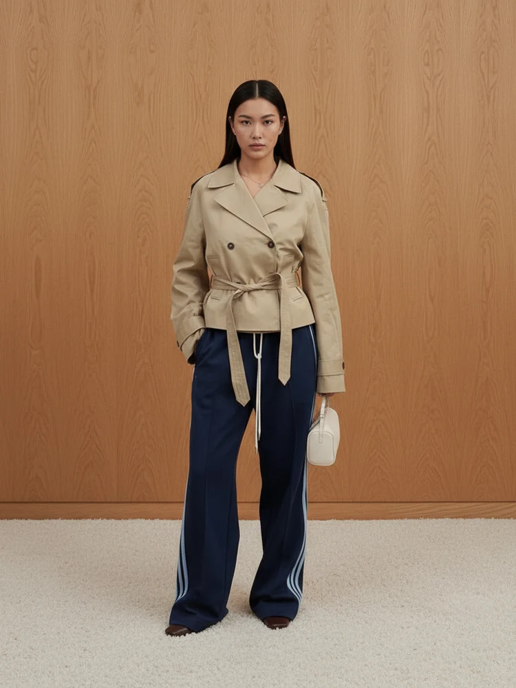 

Casual Khaki Short Lace-up Trench Coat Women Elegant Lapel Double Breasted Loose Crop Windbreaker 2026 Lady Office Weekend Wear