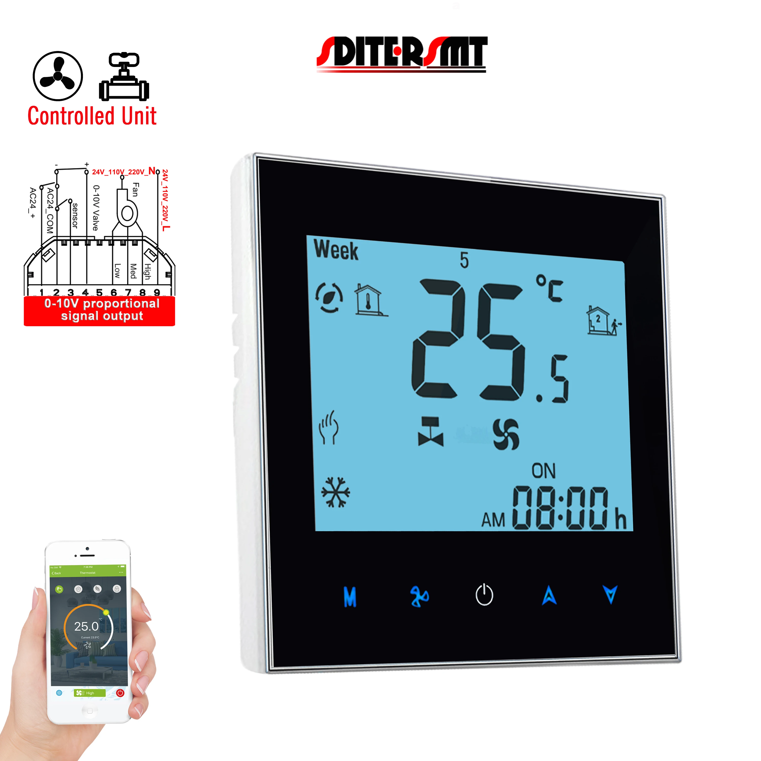 EU 24V Sensor Duplo RS485/WIFI THERMOSTAT Bobina de Ventilador de 2 Tubos com Saída de Contato Seco de 3 Velocidades e Controle de Válvula