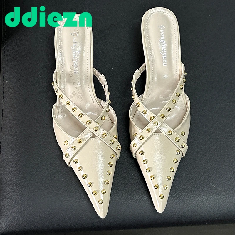 Rivet Women Pumps Fashion Elegant Female Shoes Thin High Heels New In 2024 Mules Ladies Sandals Slides Footwear Slippers