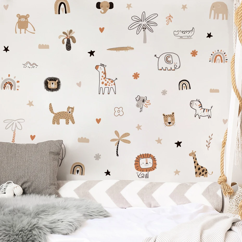 

Boho Cartoon Wild Jungle Animals Plants Wall Sticker Vinyl Children Nursery Kindergarten Art Decal Kids Room Bedroom Home Decor
