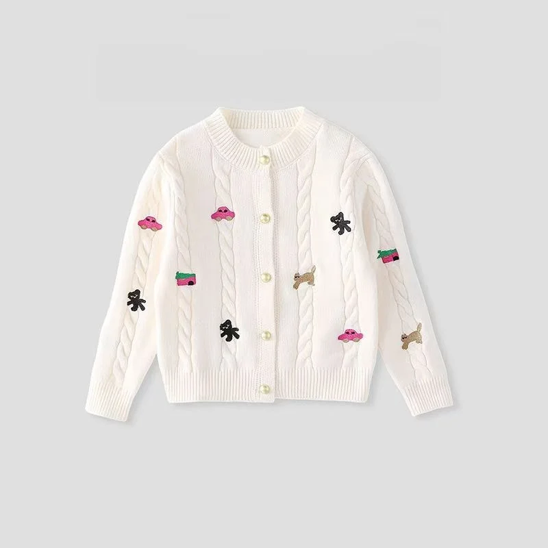 

Fashion Girl 2025 Spring And Autumn New Boutique Cartoon Embroidery Pattern Cute Casual Knitted Sweater 100-170CM