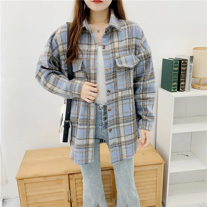 Thick Velvet Plaid Shirts Women Winter Keep Warm Blouses and Tops New Casual Loose Jacket Female Clothes Outwear KN552