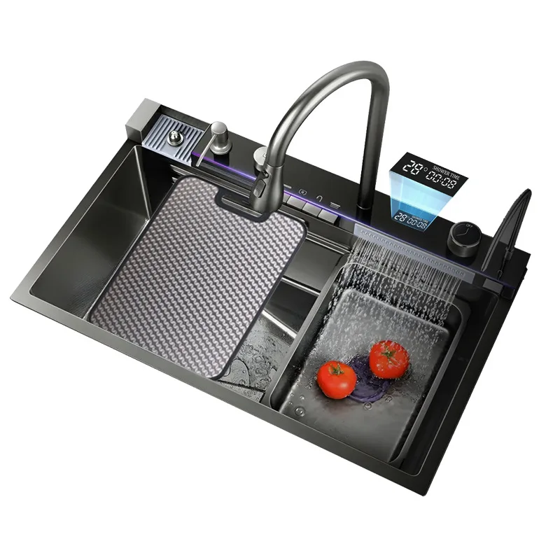 

Stainless steel large single slot multi-functional embossed digital display kitchen nano sink household dishwasher