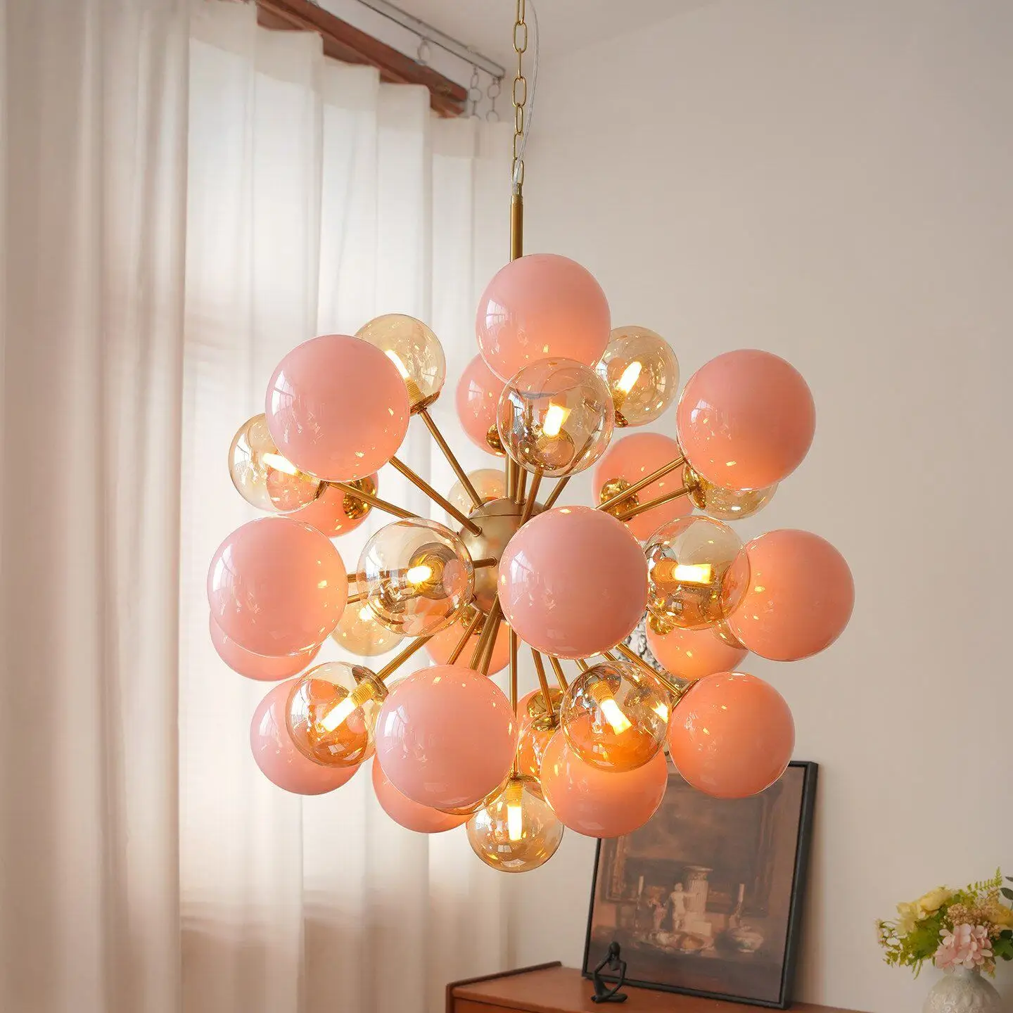 Nordic Pink Bubbles Blast Art Glass Chandelier Design Lighting Fixture LED European Design Villa Foyer Living Room Ceiling Deco