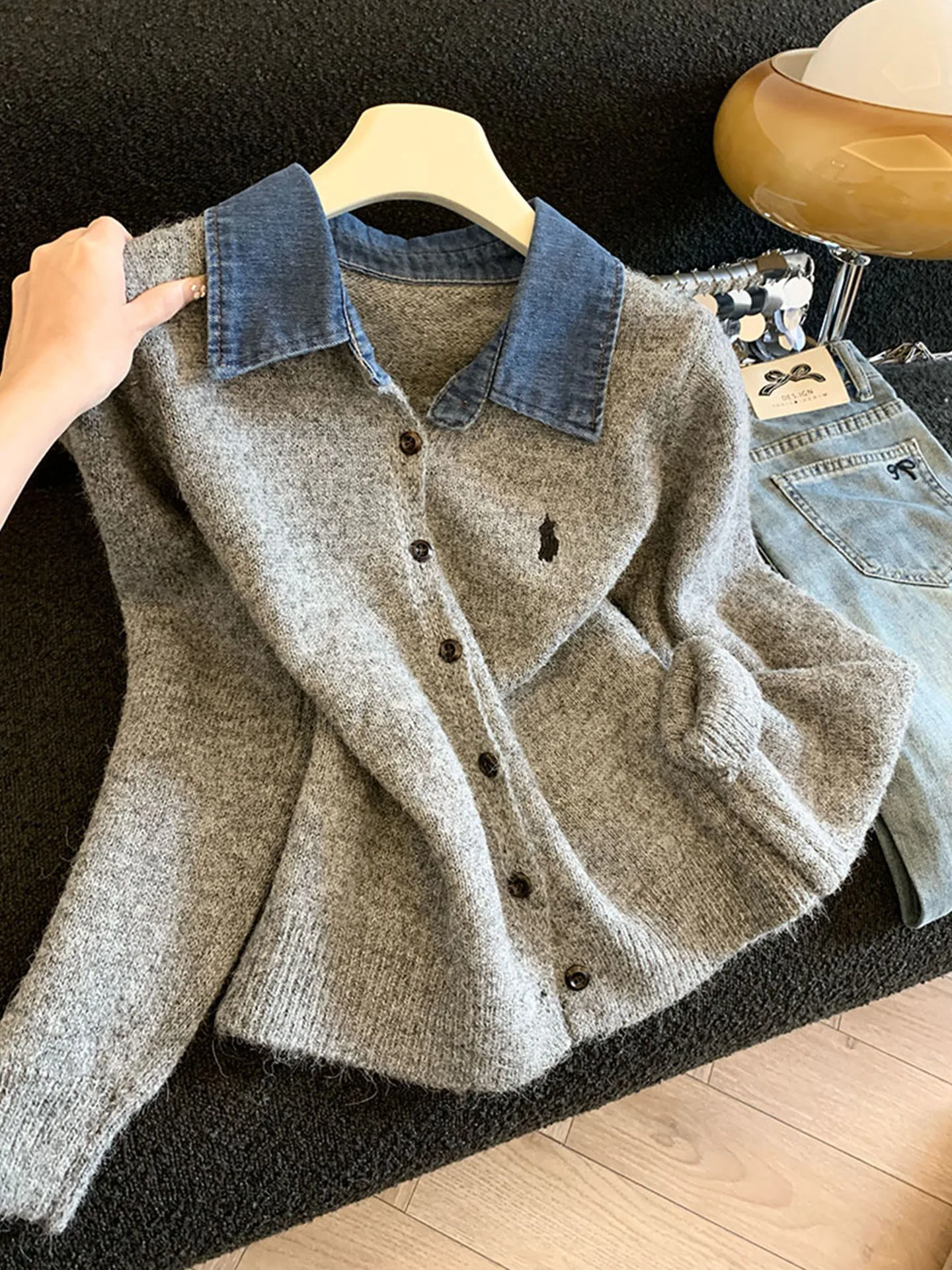 

Emily Clud Recommended Denim Patchwork Stand Collar Knitted Cardigan Sweater Jaet Women's Long Sve Regular Fit Spring Ou...