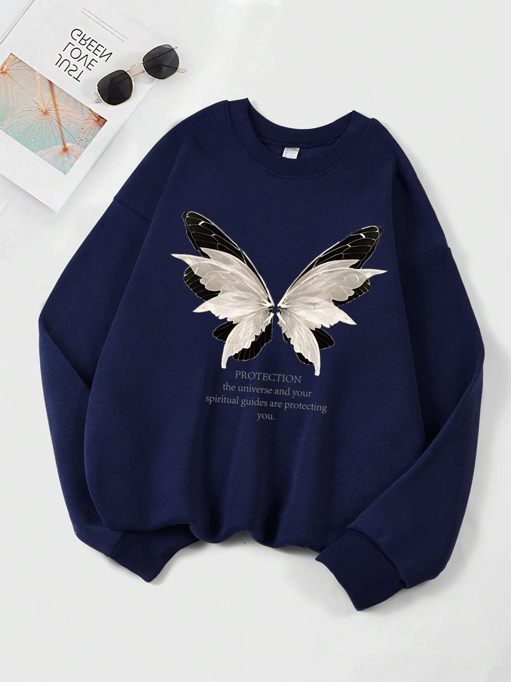 Butterfly Protection Printing Sweatshirt Womens Loose Sporty Hoodie Fleece Warm Crewneck Pullover Winter Casual Womans Clothes