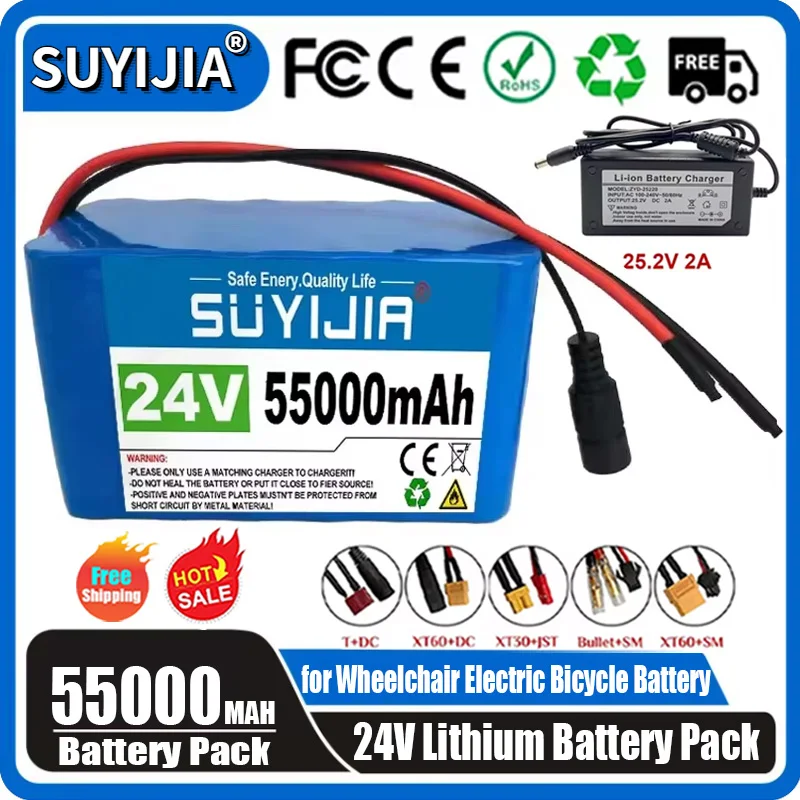 6S3P 18650 24V 55000mAh Lithium Battery Pack Rechargeable Li-ion Cells W/ BMS for 25.2V  E-bike Moped Electric Scooter Bicycle