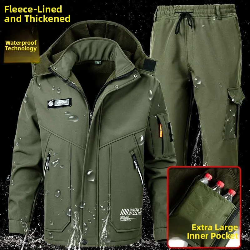 Thiened Fce Autumn Winter Workwear Set for Men Windproof Waterproof Warmth Labor Protection Clothing Long Sve Polyester
