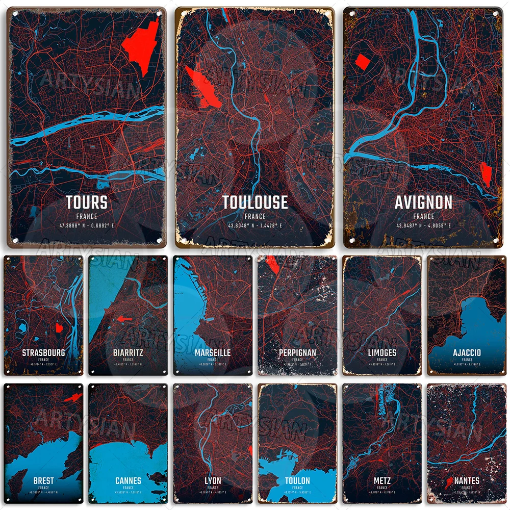 France City Map Tin Sign Paris Nice Lyon Marseille Cannes Tours Nimes Toulon Metz Brest Ajaccio Rennes Metal Plate Wall Decor