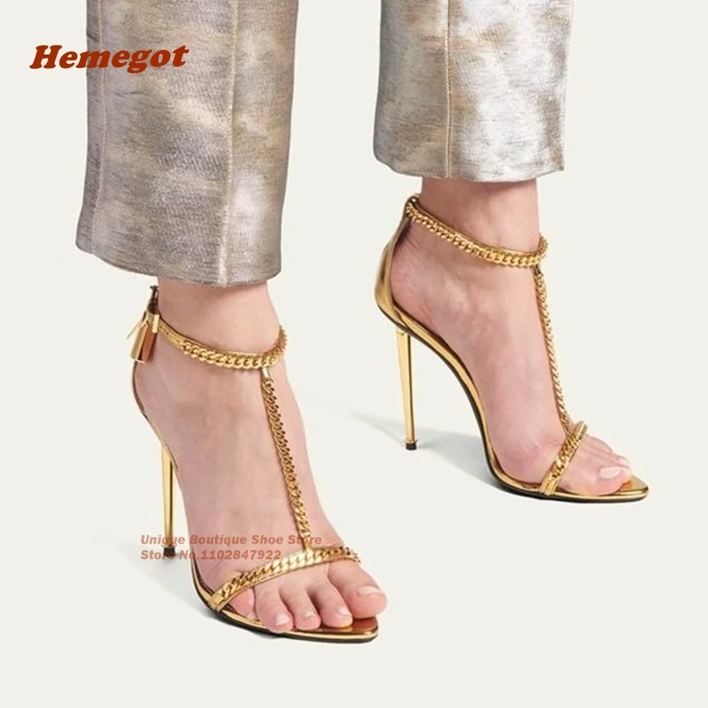 

T-strap Chain Padlock Sandals Open Toe Mirror Gold Metal Heels Women's Sandals Party Catwalk Shoes Plus Size 44 Elegant Summer