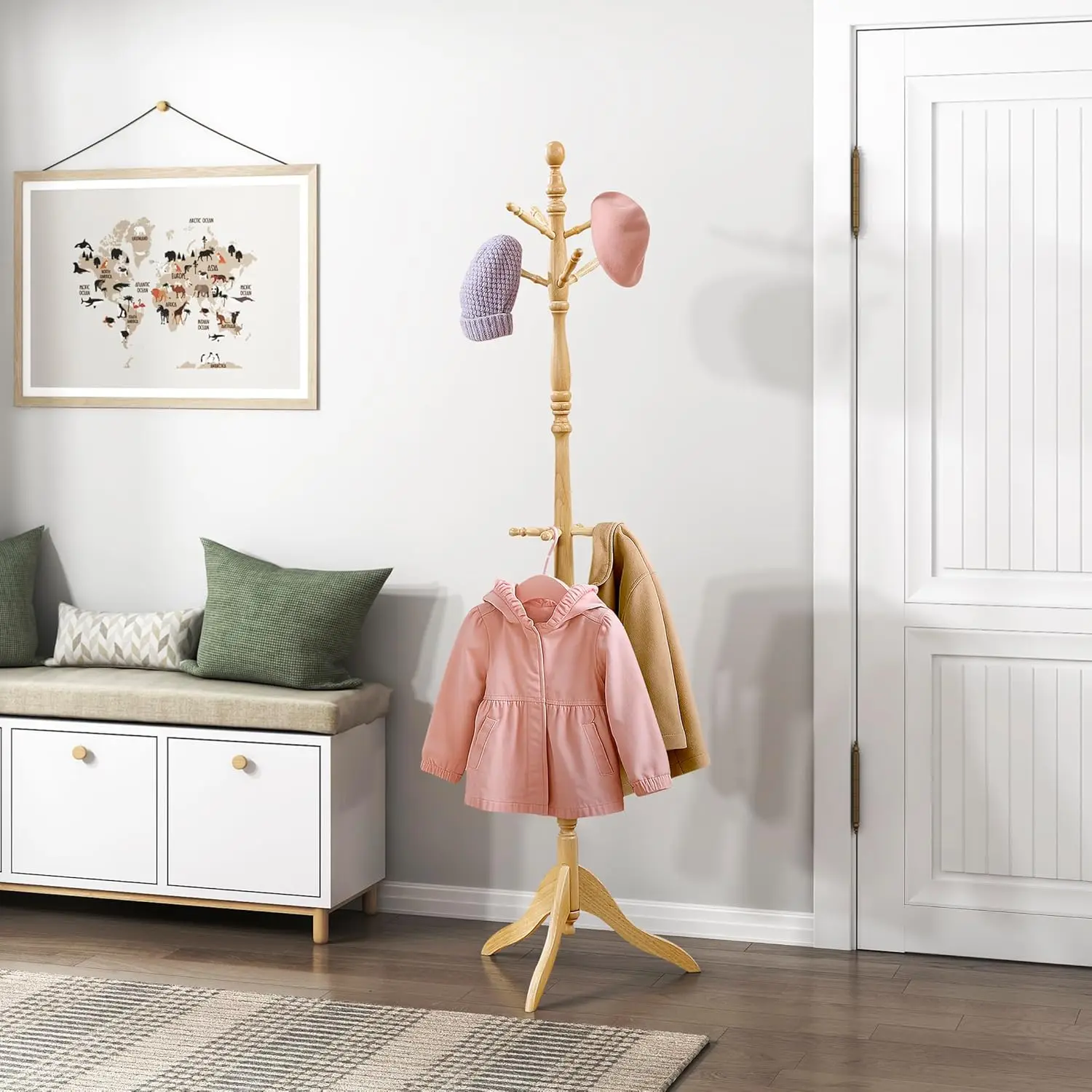 

Solid Wood Coat Rack Stand with 10 Hooks, 3-Tier Freestanding Tree for Hats Scarves Bags, Entryway Hallway Bedroom Office