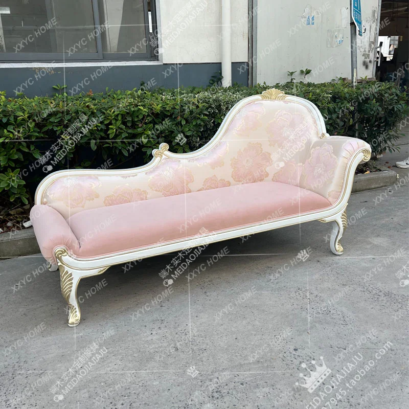solid wood chaise longue European pink velvet recliner fabric leisure sofa