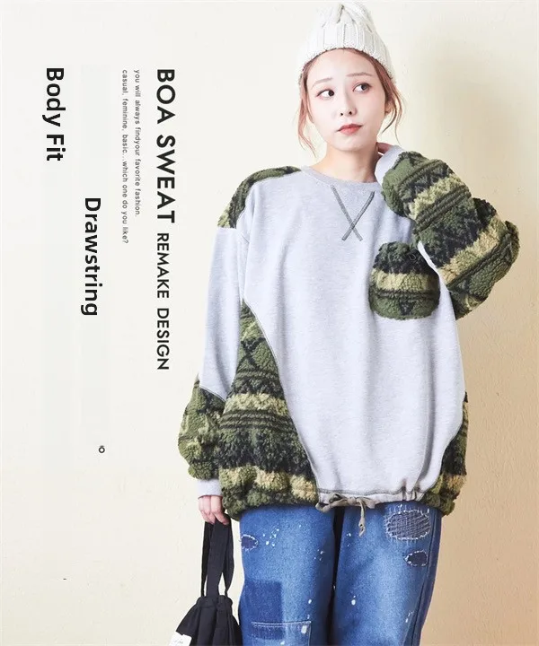 CUBE S Women's Retro Remake Style Fleece Patchwork Hoodie Sugar Cube Pattern Loose Fit Long Sleeve round Neck Sweatshirt