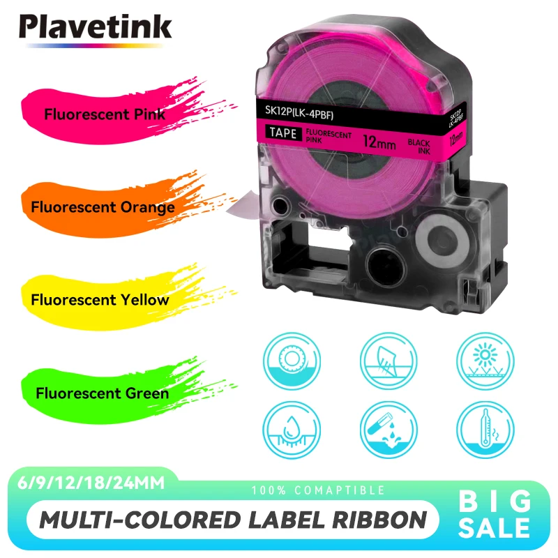 PLAVETINK 1PK 12mm*5m Fluorescent Label for Epson King Jim SK12P LK-4PBF Black on Fluorescent Pink Tape Compatible for Epson