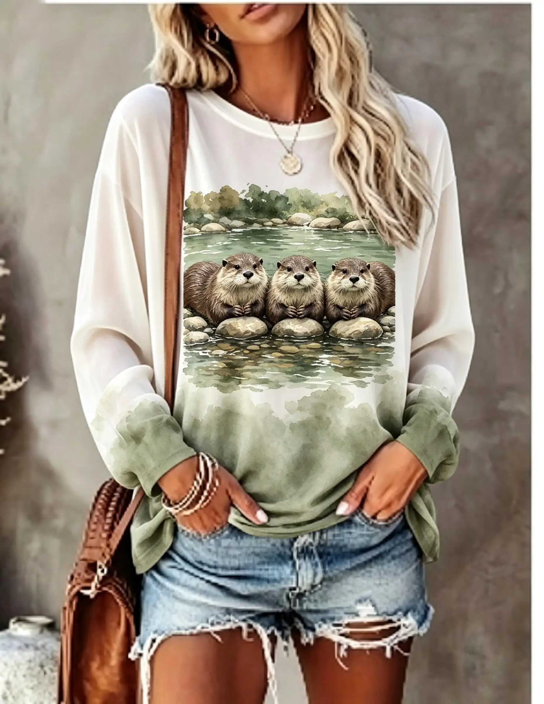 Women Long Sleeve T Shirt Cute Three Capybara Watercolor Lake Print Crew Neck Casual Fall Tops
