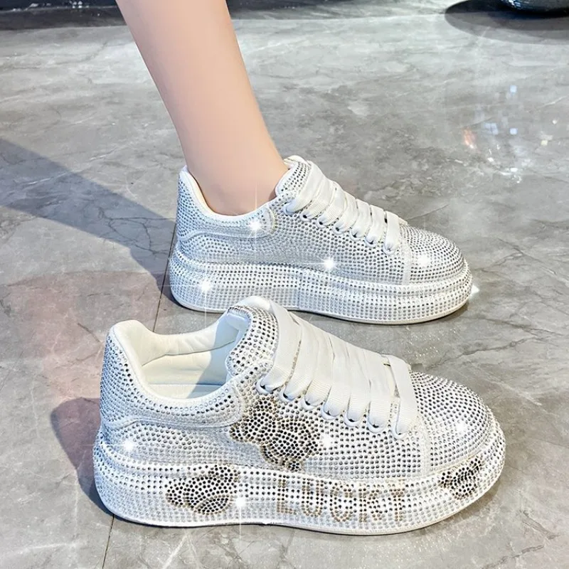 Fashion Women's Shoes 2026 Spring New Item Women Casual Full Diamond Sponge Cake Shoes Thick Soled Rhinestone Sports Board Shoes