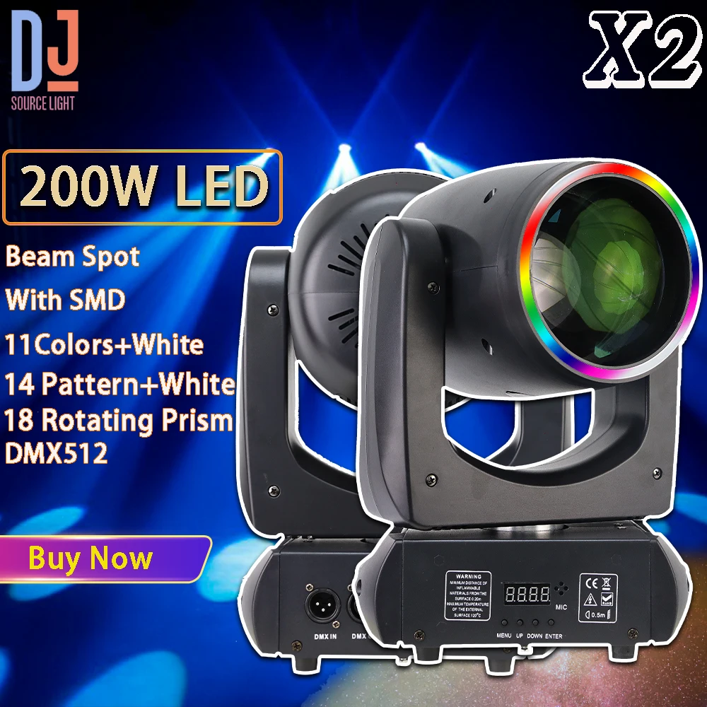 2Pcs/lot LED 200W Beam Spot Moving Head Light With SMD Gobo 18 Rotating Prism Stage Lights DMX512 For Dj Disco Party Wedding Bar