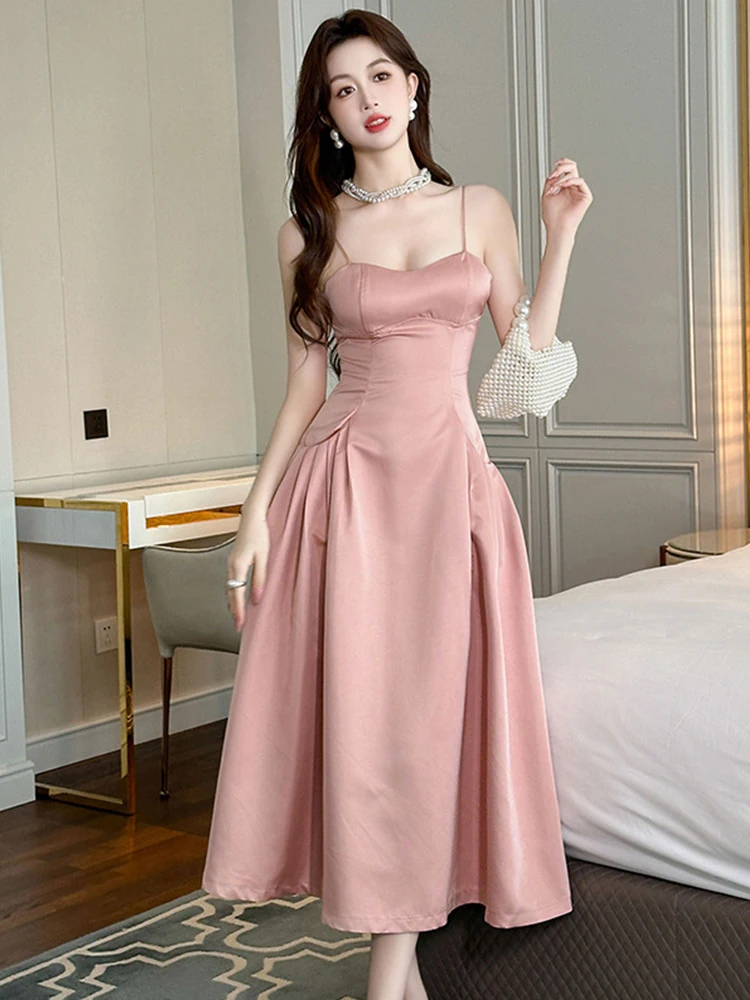 Summer Hotsweet Women's Fashion French Pink Long Dress Sweet Chic Off Shoulder Strap Backless Robe Femme Celebrity Prom Vestido