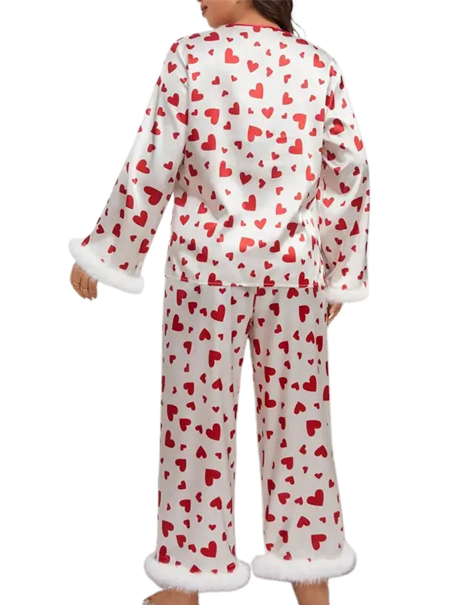 Valentine s Day Women s Pajama Set with Heart Print Long Sleeve Button Up Top and Pants Cozy Sleepwear Lounge Sets