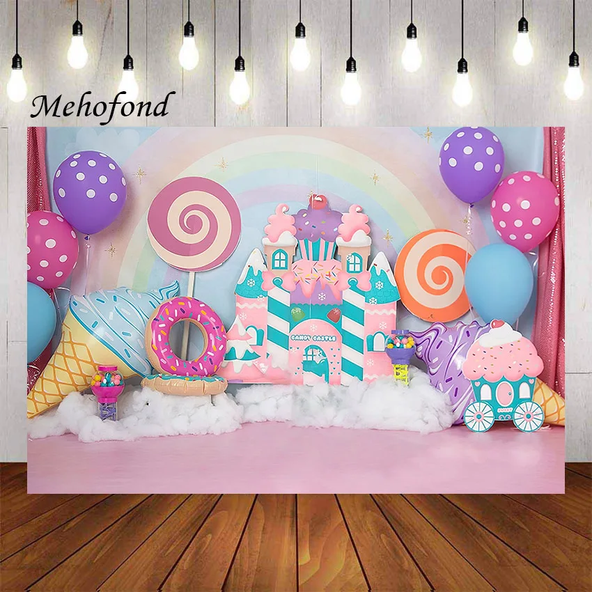 Фон для фотосъемки Mehefond милое мороженое леденец замок девушка на 1-й День рождения воздушный шар торт разбивает телефон Фотостудия
