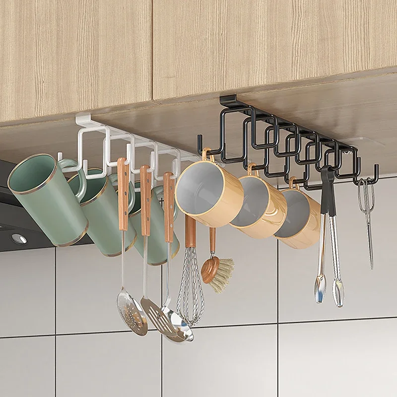 Punch-free Double-row Hooks Kitchen Cupboard Under Shelf Mug Cup Hanger Hook Iron Hanging Rack Holder Kitchen Cabinet Organizer