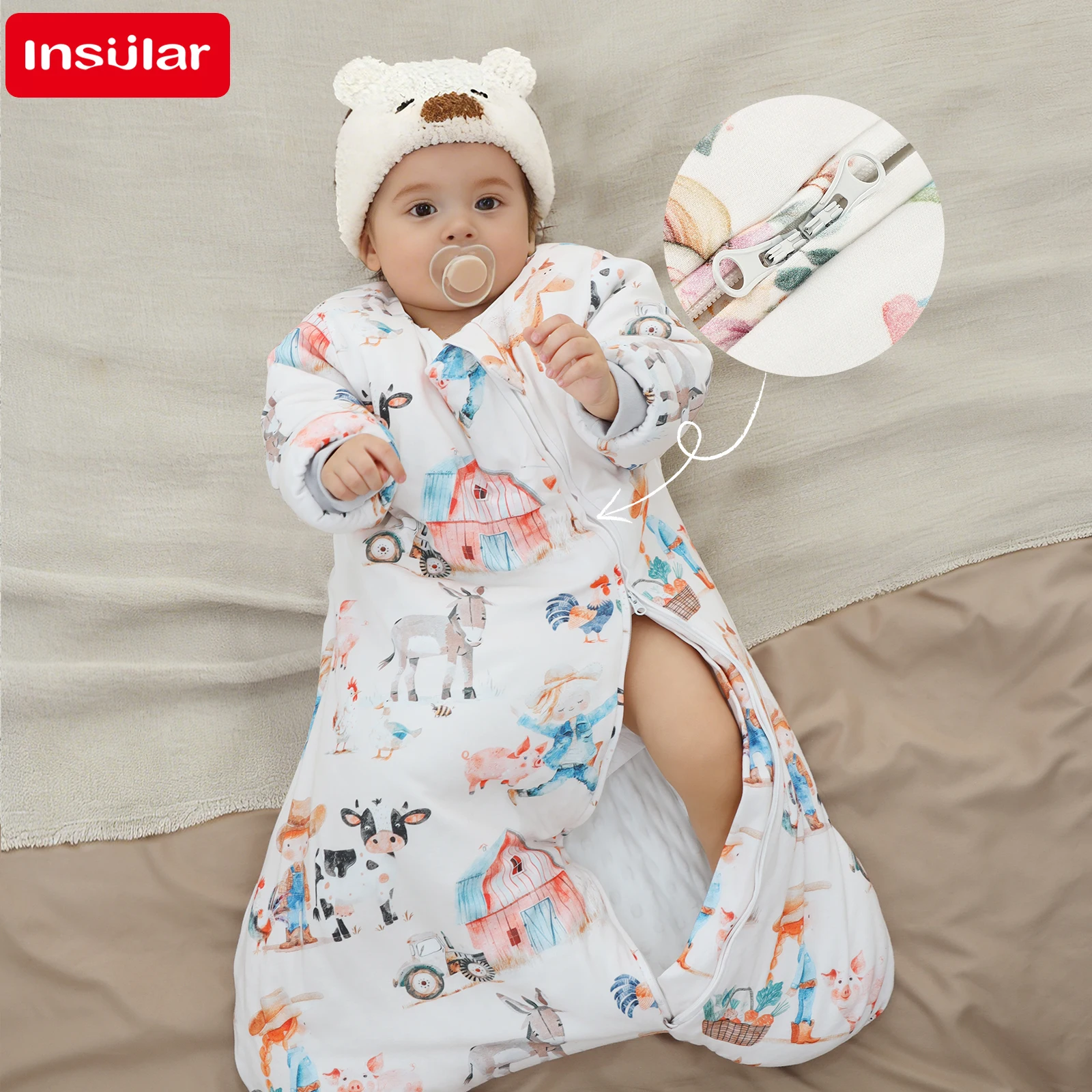 Baby Cartoon Bean Soft Sleepsacks Cotton Sleeping Bag with Detachable Sleeves Thickened for Autumn Winter Children's Sleepwear