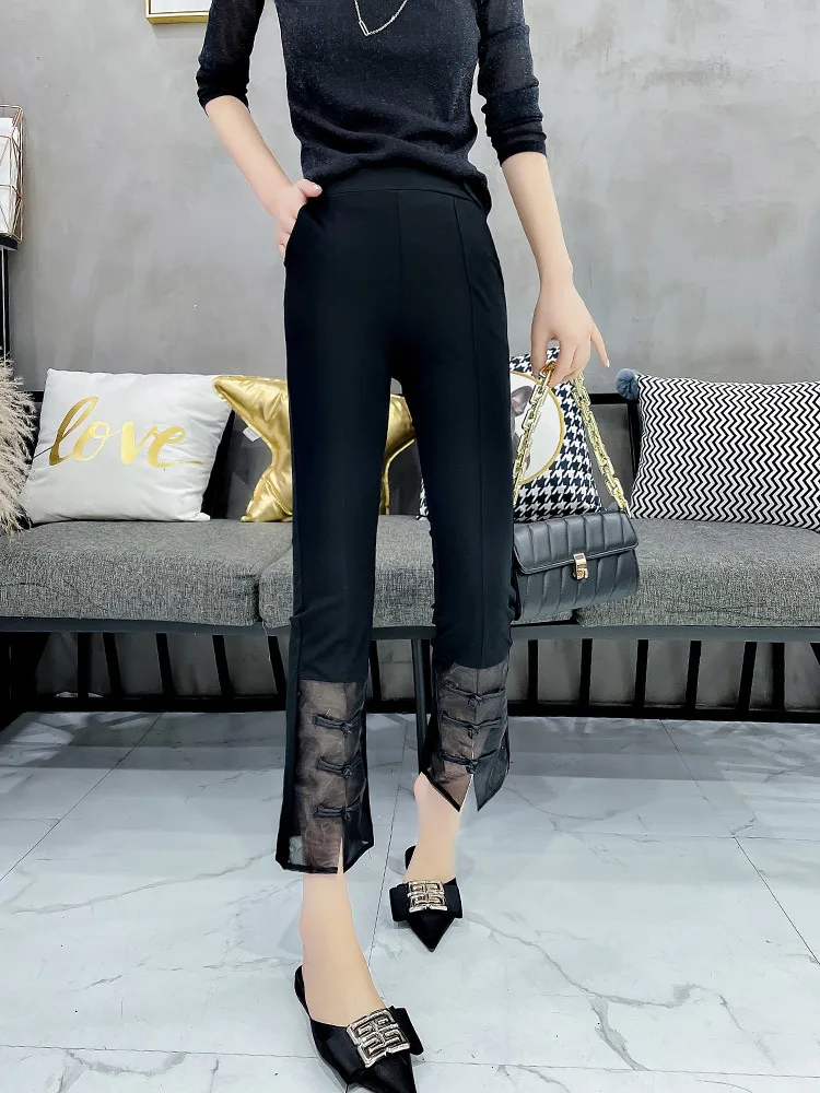 High Waist Print Slit Western Cropped Pants Lady Spring Summer Versatile Mesh  Hot Slim Trousers