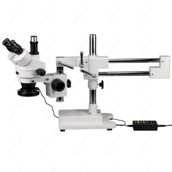 AmScope SM 4 Series Zoom Trinocular Stereo Microscope 3.5X 90X Magnification 144 LED Multi Zone Light Double Arm Boom Stand