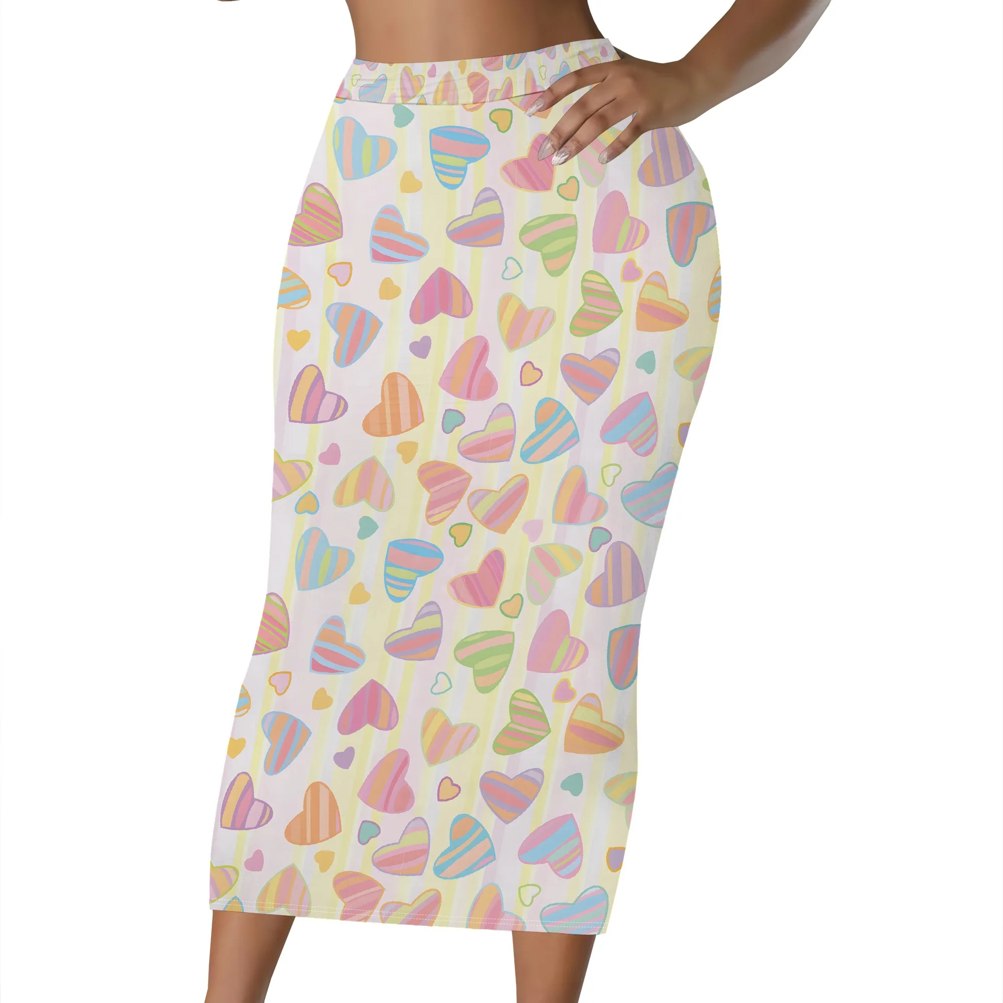 Pastellfarbener Midirock mit Herzprint, Regenbogenherzmuster, Bleistiftschnitt mit hoher Taille, lässige Sommerkleidung für Damen, S-2XL – Detail 1