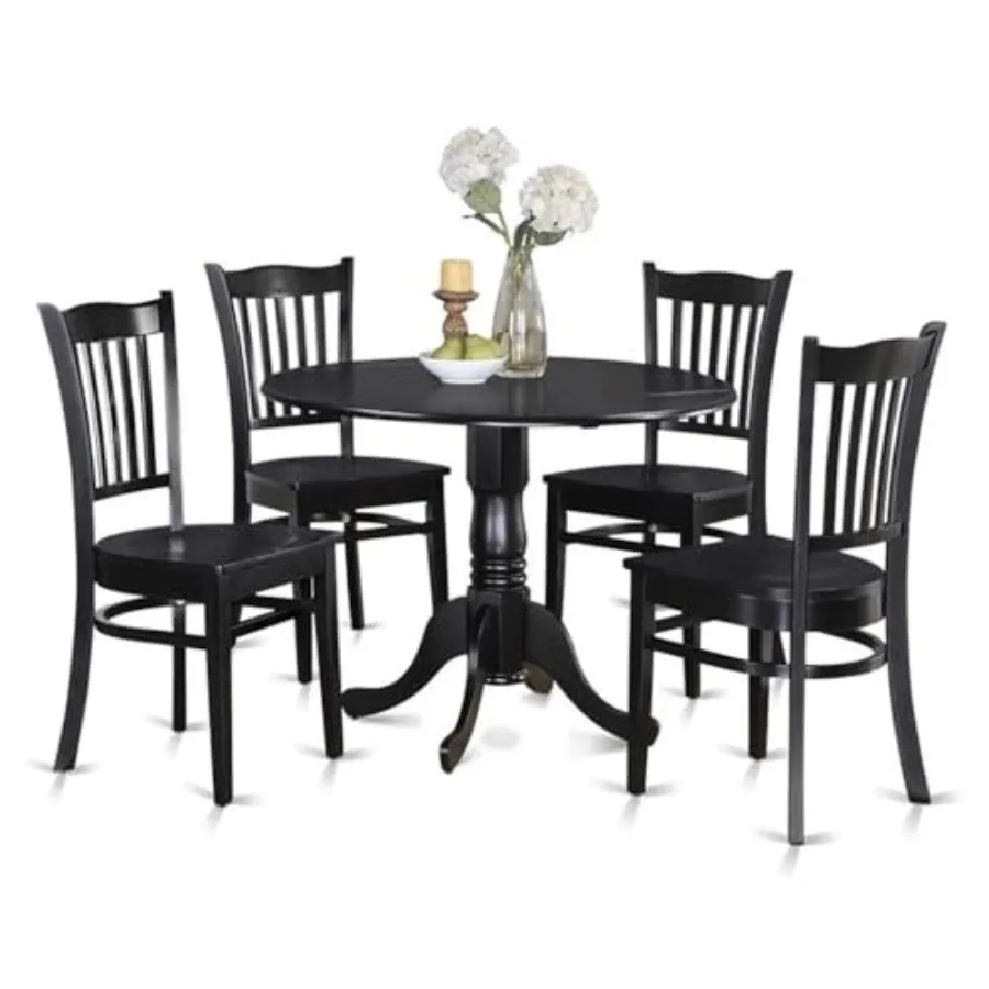 

Dining room set: 1 round drop-leaf table + 4 wooden chairs, oak finish, space-saving design for small apartments