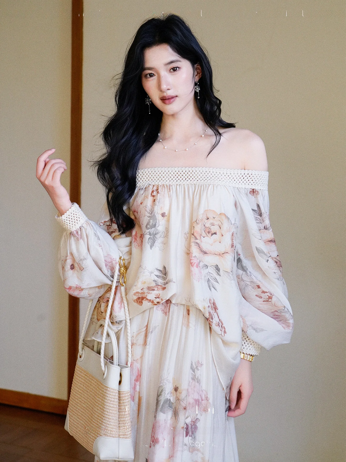 

Artistic Floral Print Holiday One Shoulder Lantern Sleeve Top And Half Skirt Set Women's Fashion Spring Summer Outfit