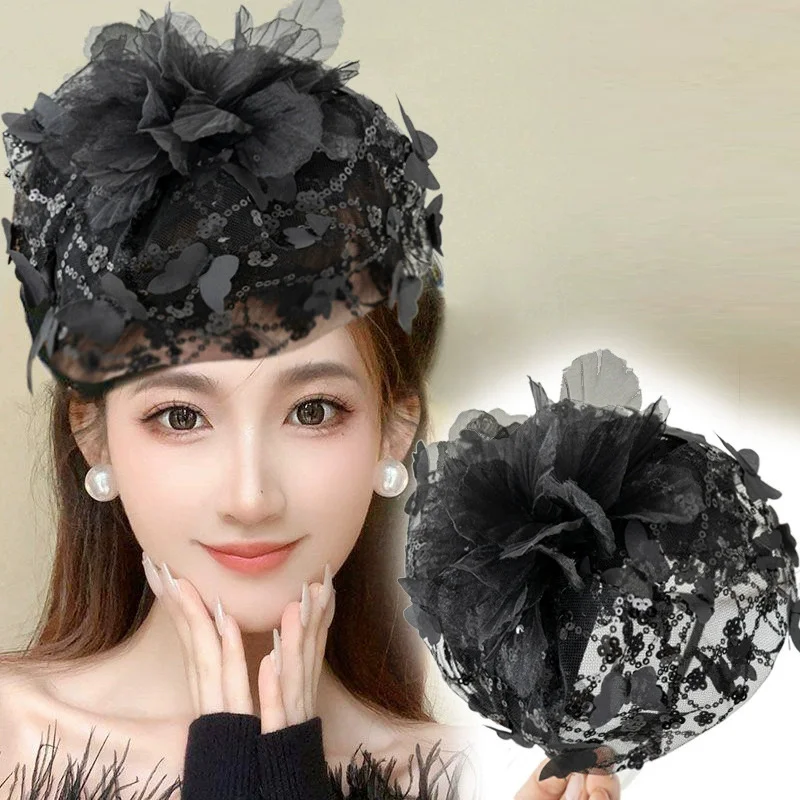 

Lace Mesh Half Hat Butterfly Flower Fascinator Hairband Women Cocktail Party Wedding Hair Ornament Women's Fascinators