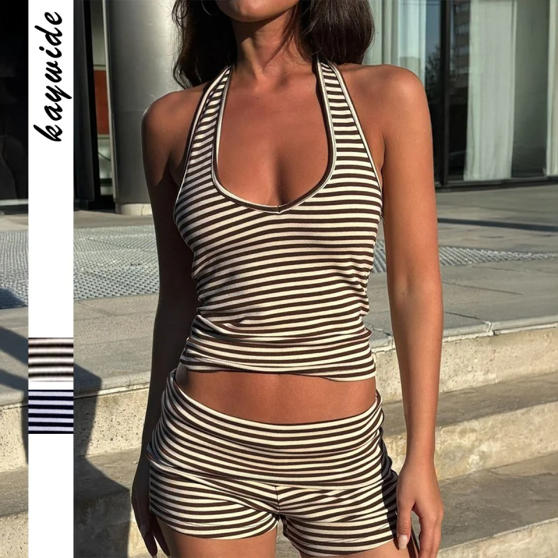 

SURI Hirigin Women 2-Piece Summer Outfits Striped Print Backless Halter Neck Tops and Elastic Shorts Casual Matching Set