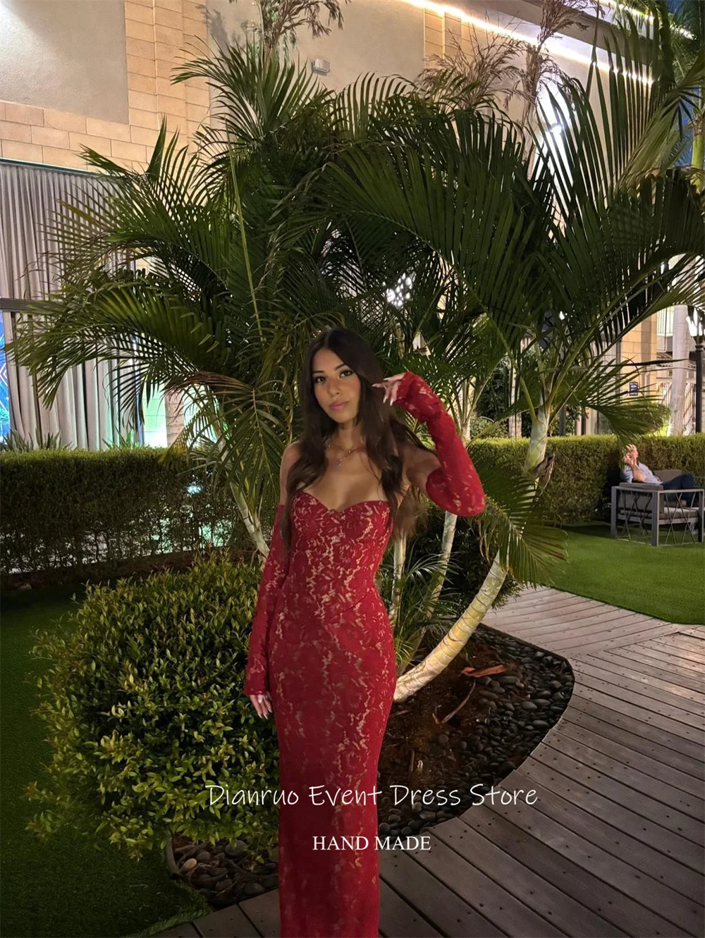 Dianruo-Vestidos De Noche ajustados De encaje rojo, apliques modernos, Vestidos De Fiesta con escote corazón, sirena, Vestidos sexys para graduación personalizados