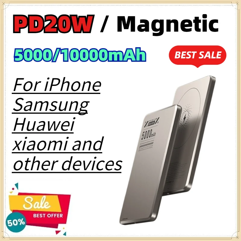 5000mAh 10000mAh Ultra Thin Magnetic Wireless Power Bank PD20W Fast Charging Aluminum Alloy for iPhone Android Travel